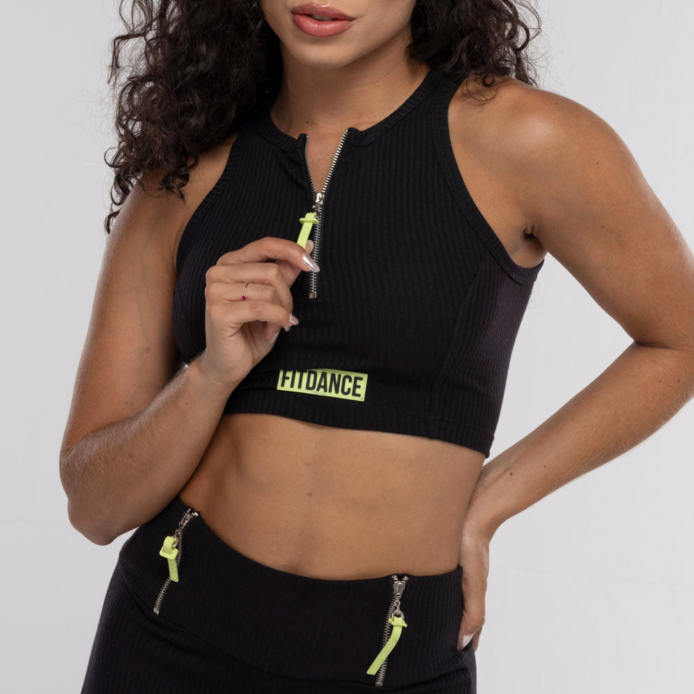 TOP CROPPED ZÍPER FITDANCE PRETO